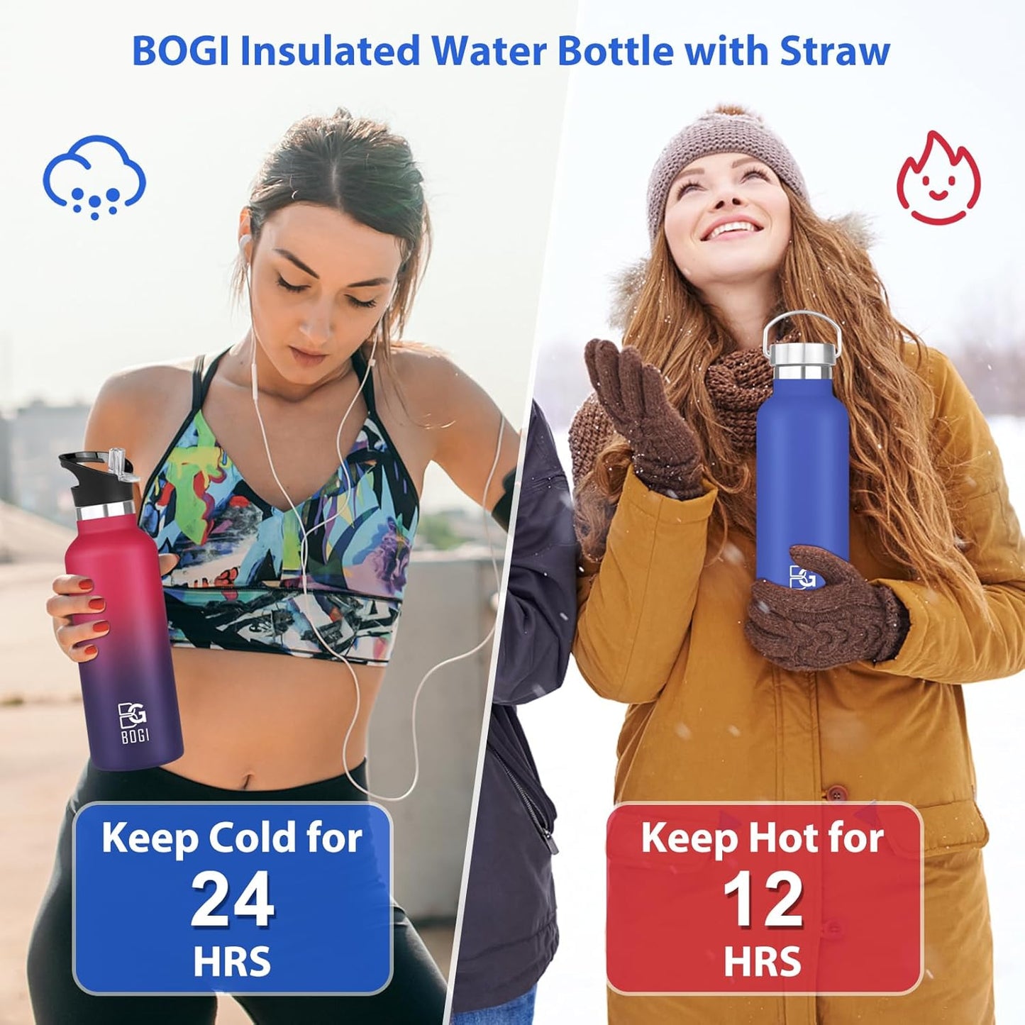 BOGI 20oz Stainless Steel Insulated Water Bottle with Straw, Handle, and Leakproof Wide Mouth - BPA Free Metal Bottle for Fitness and Outdoor Sports - Dark Blue