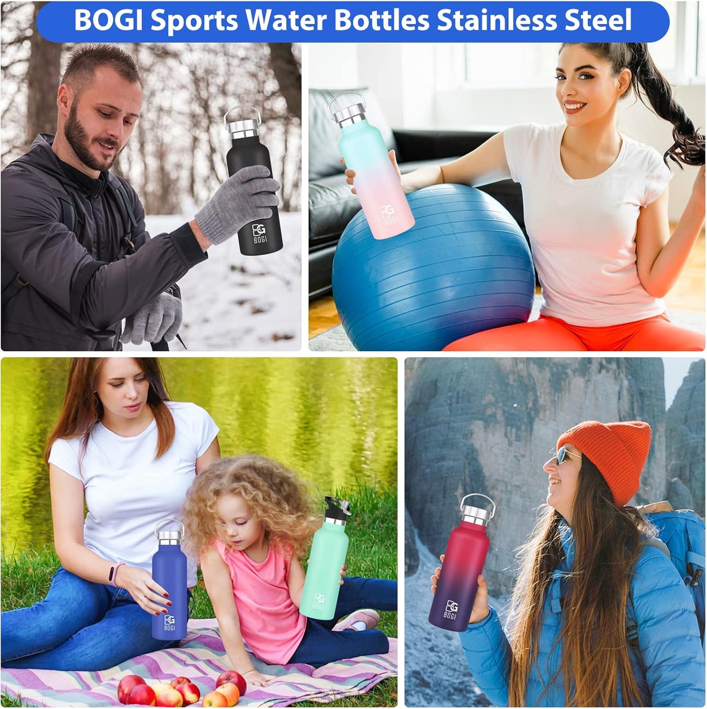 BOGI 20oz Stainless Steel Insulated Water Bottle with Straw, Handle, and Leakproof Wide Mouth - BPA Free Metal Bottle for Fitness and Outdoor Sports - Dark Blue