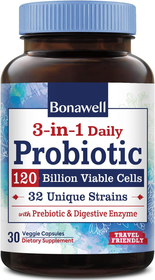 Bonawell Probiotics 120 Billion CFU 32 Strains with Prebiotics and Digestive Enzymes - 3-in-1 Daily Probiotic for Gut Health - 30 Veggie Capsules