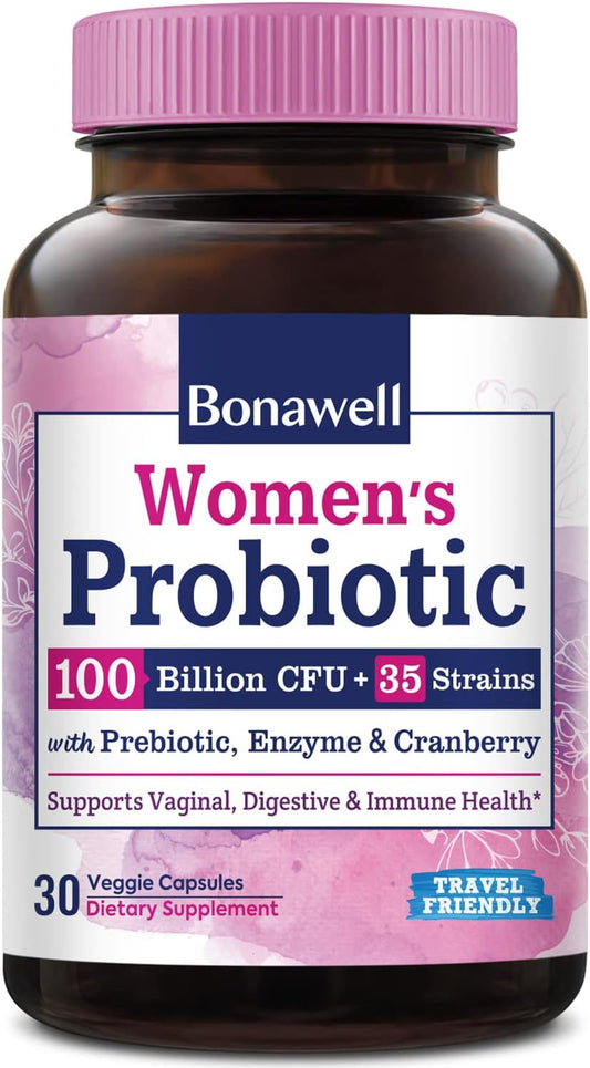 Bonawell Probiotics for Women 100B with Prebiotics, Digestive Enzymes & Organic Cranberry - Supports Vaginal Health, Digestion, Immunity - 30 Veggie Caps