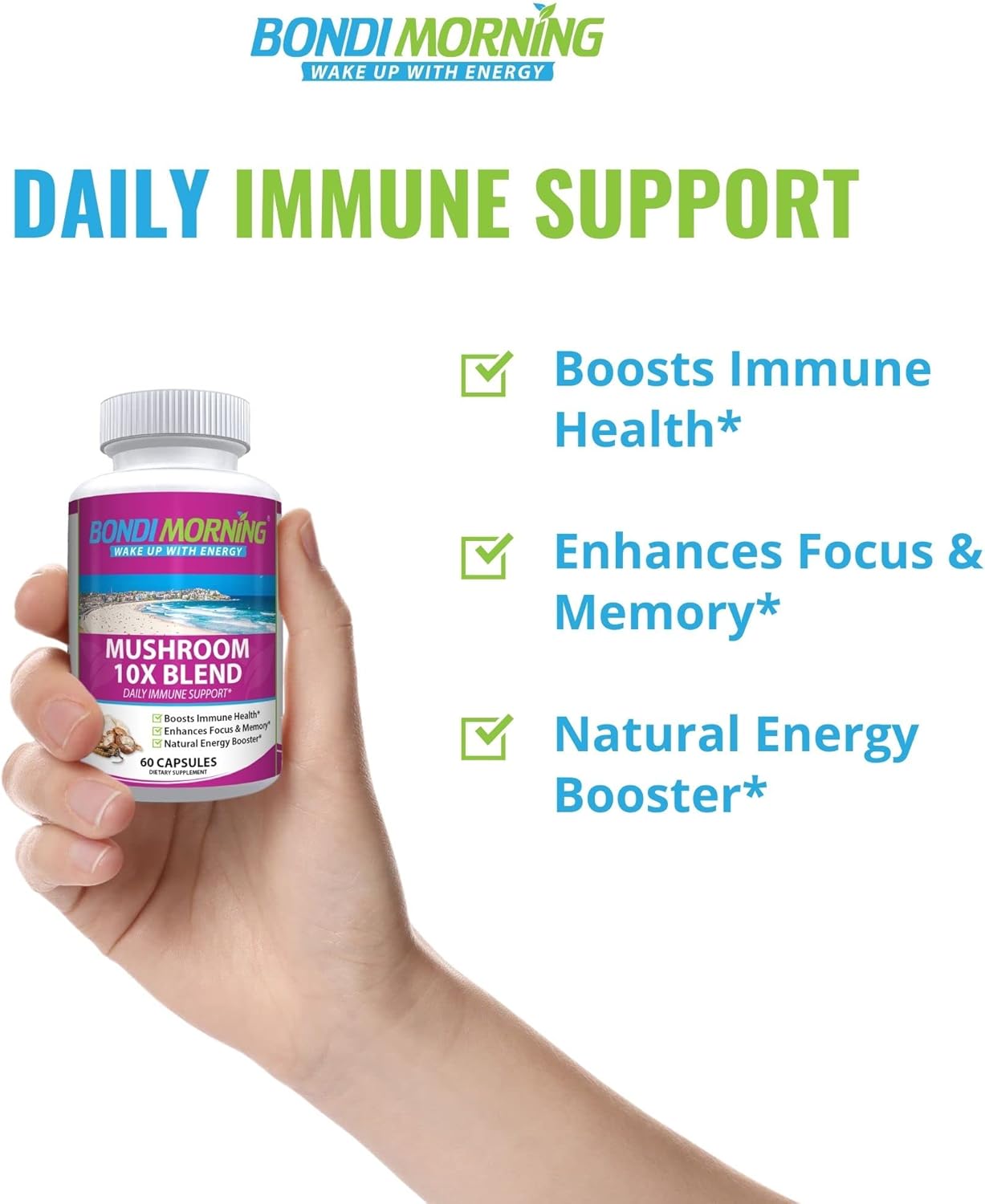 Bondi Morning Mushroom Complex - Immune Support Supplement with Cordyceps, Reishi, Lion's Mane, and Chaga Mushrooms - 60 Capsules for Brain Health, Energy Boost, and Immune Defense