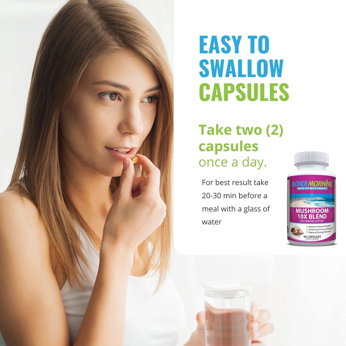 Bondi Morning Mushroom Complex - Immune Support Supplement with Cordyceps, Reishi, Lion's Mane, and Chaga Mushrooms - 60 Capsules for Brain Health, Energy Boost, and Immune Defense