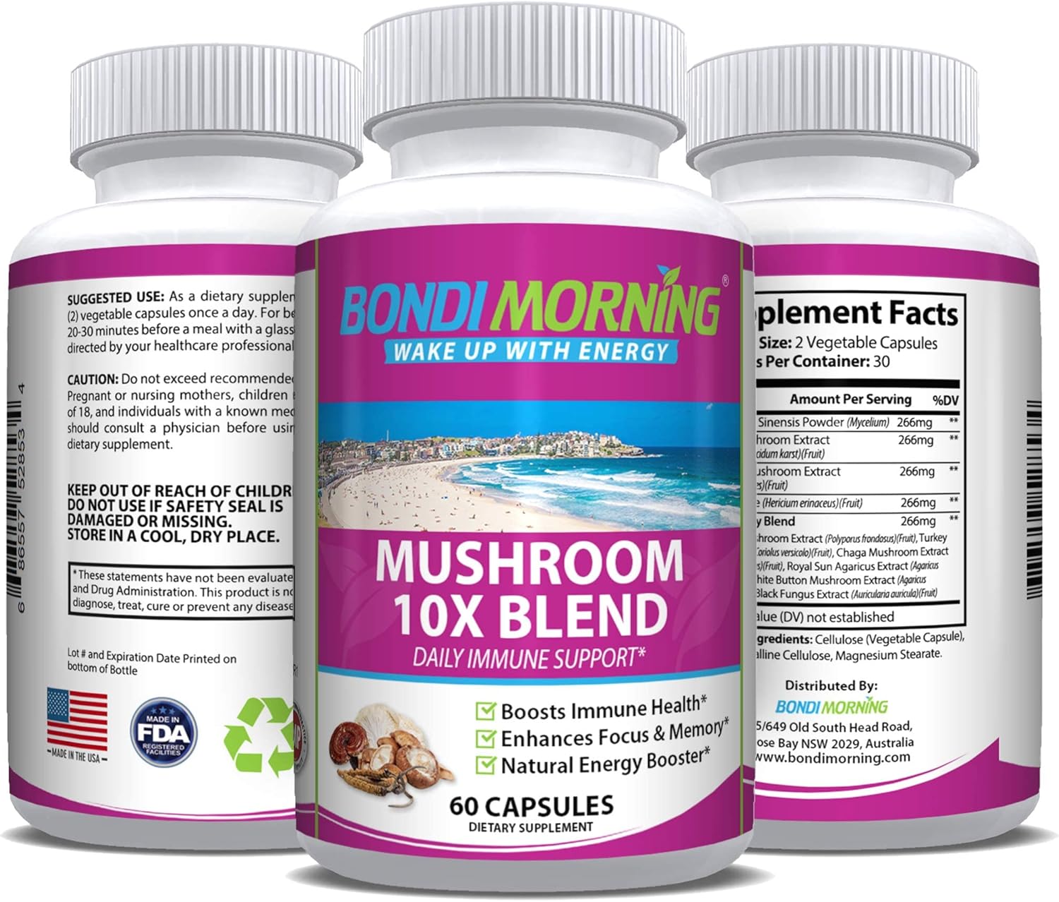 Bondi Morning Mushroom Complex - Immune Support Supplement with Cordyceps, Reishi, Lion's Mane, and Chaga Mushrooms - 60 Capsules for Brain Health, Energy Boost, and Immune Defense