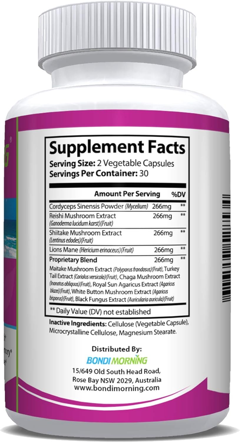 Bondi Morning Mushroom Complex - Immune Support Supplement with Cordyceps, Reishi, Lion's Mane, and Chaga Mushrooms - 60 Capsules for Brain Health, Energy Boost, and Immune Defense