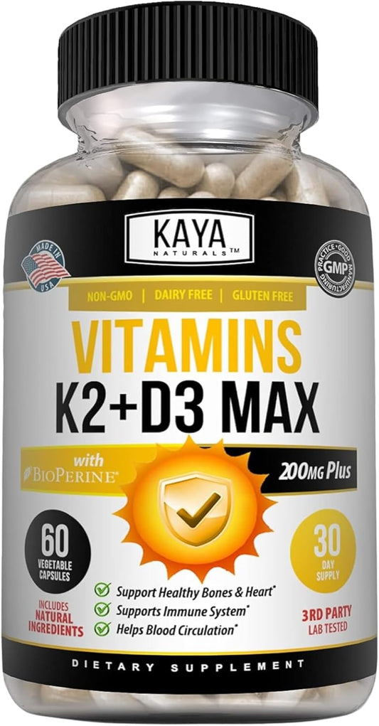 Bone and Heart Health Support Supplement with Vitamins K2 and D3 - 5000IU - Easy to Swallow Capsules - 60 Veggie Count - Bioperine Included