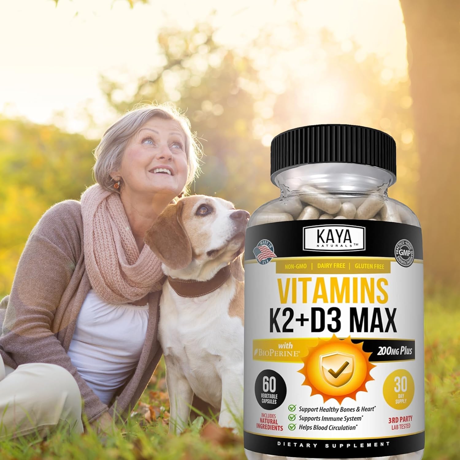 Bone and Heart Health Support Supplement with Vitamins K2 and D3 - 5000IU - Easy to Swallow Capsules - 60 Veggie Count - Bioperine Included