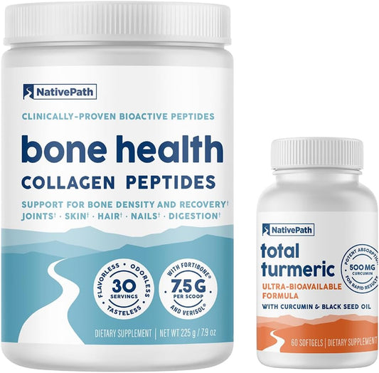 Bone Health Collagen & Turmeric Duo with Fortibone, Verisol, Black Seed Oil - 30 Servings for Enhanced Bone Support