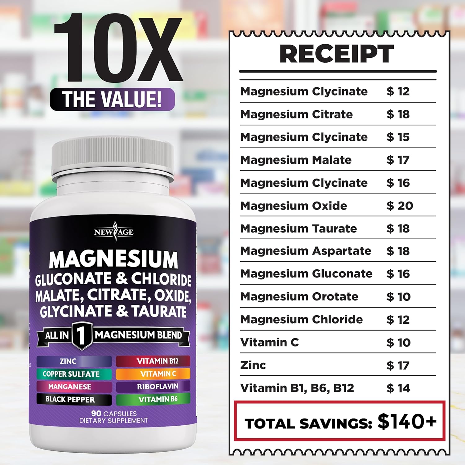 Bone Health Magnesium Supplement with Glycinate, Citrate, Malate, Oxide, Taurate, Aspartate, Gluconate, Orotate, Chloride, and Manganese - 90 Count