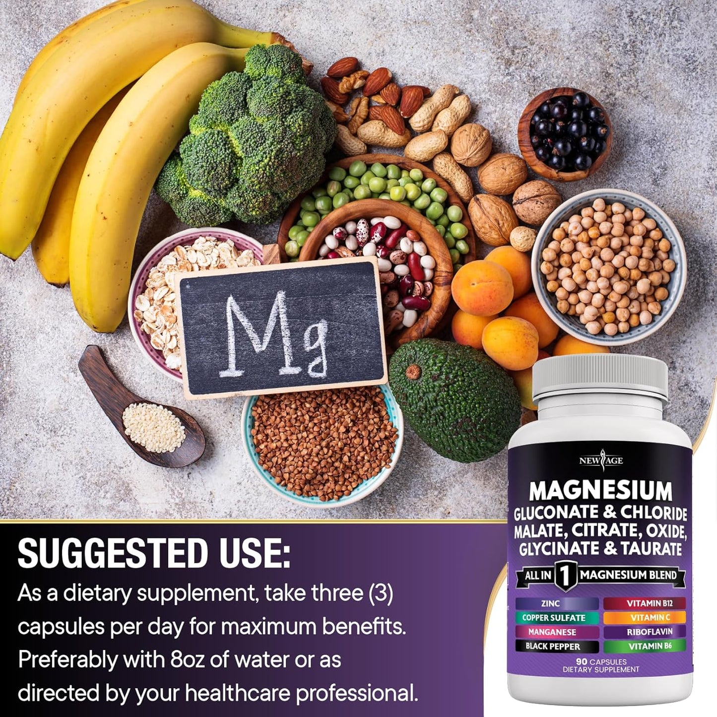 Bone Health Magnesium Supplement with Glycinate, Citrate, Malate, Oxide, Taurate, Aspartate, Gluconate, Orotate, Chloride, and Manganese - 90 Count
