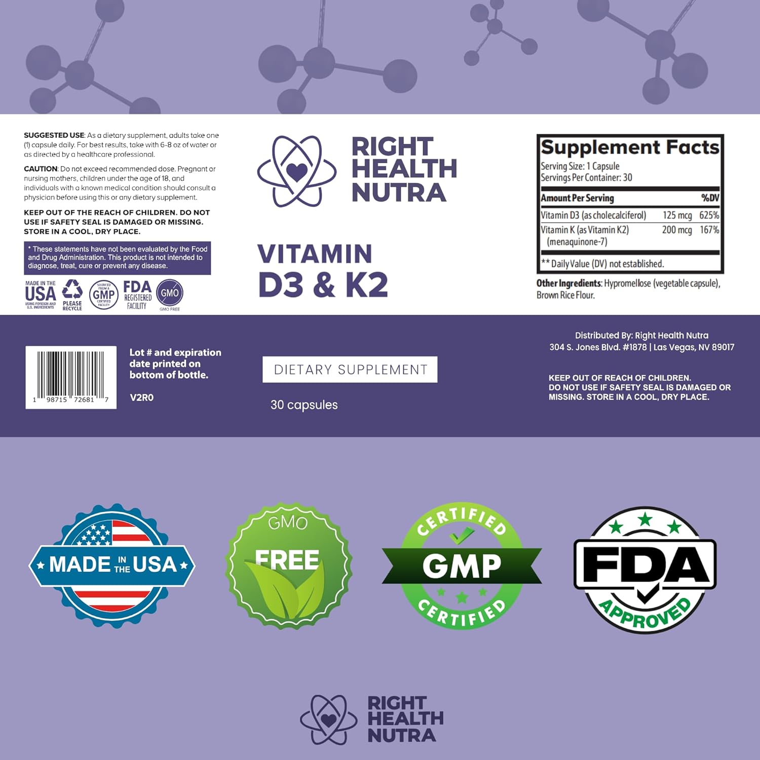 Bone Health Vitamin Supplement with 125 mcg Vitamin D3 & 200 mcg K2 - Made in USA - Highly Bioavailable MK-7 Formula