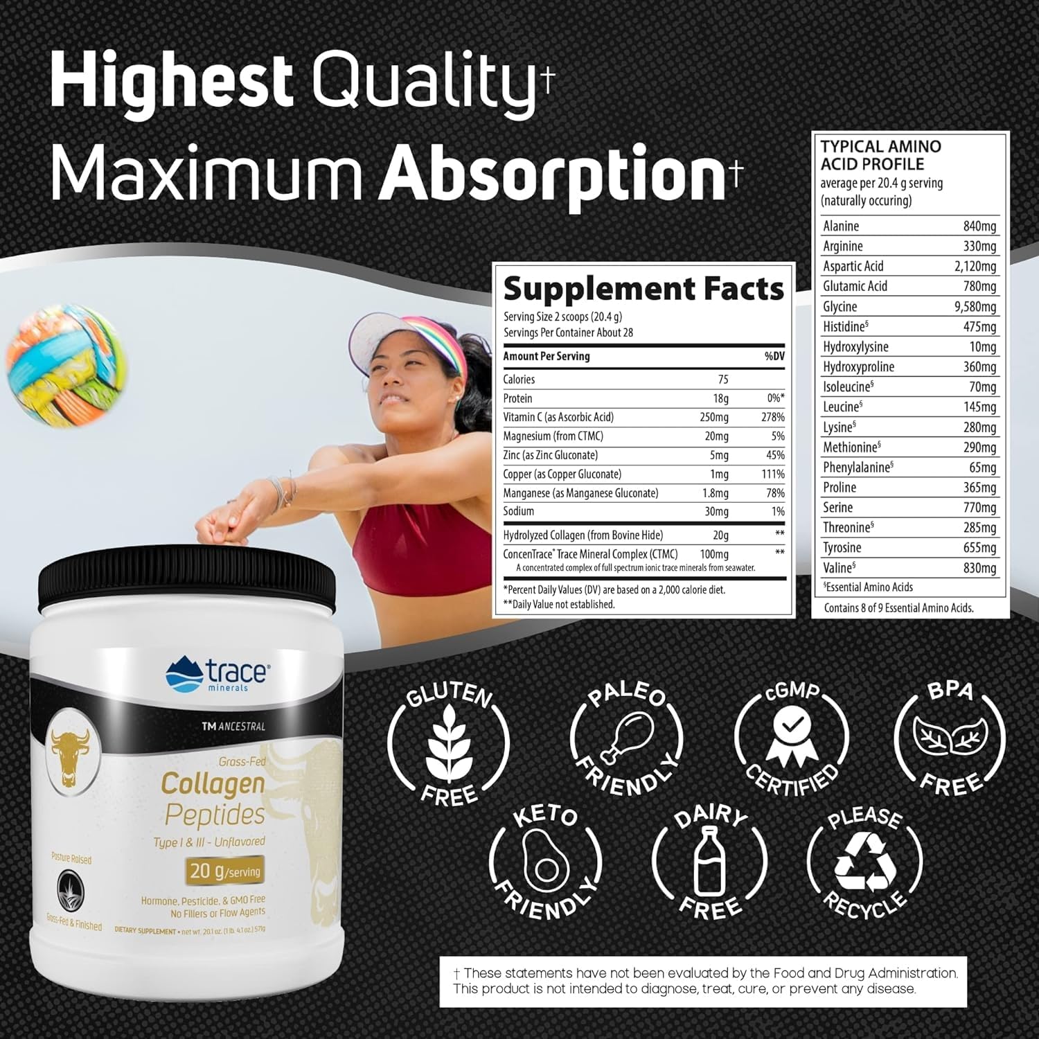 Bone & Joint Support Collagen Peptides with Trace Minerals - Hair, Skin, Nails, & Gut Health Powder Supplement - Unflavored, 571g