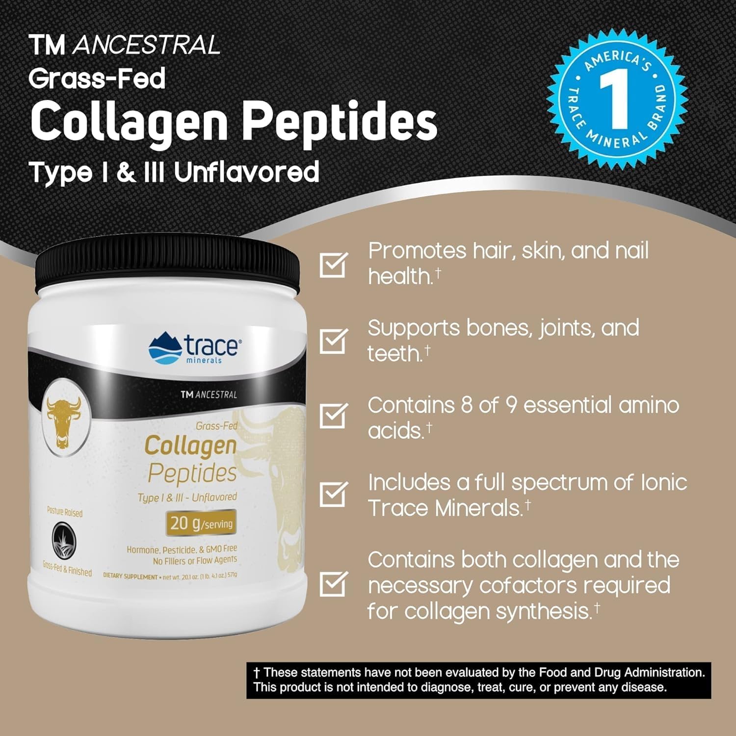 Bone & Joint Support Collagen Peptides with Trace Minerals - Hair, Skin, Nails, & Gut Health Powder Supplement - Unflavored, 571g