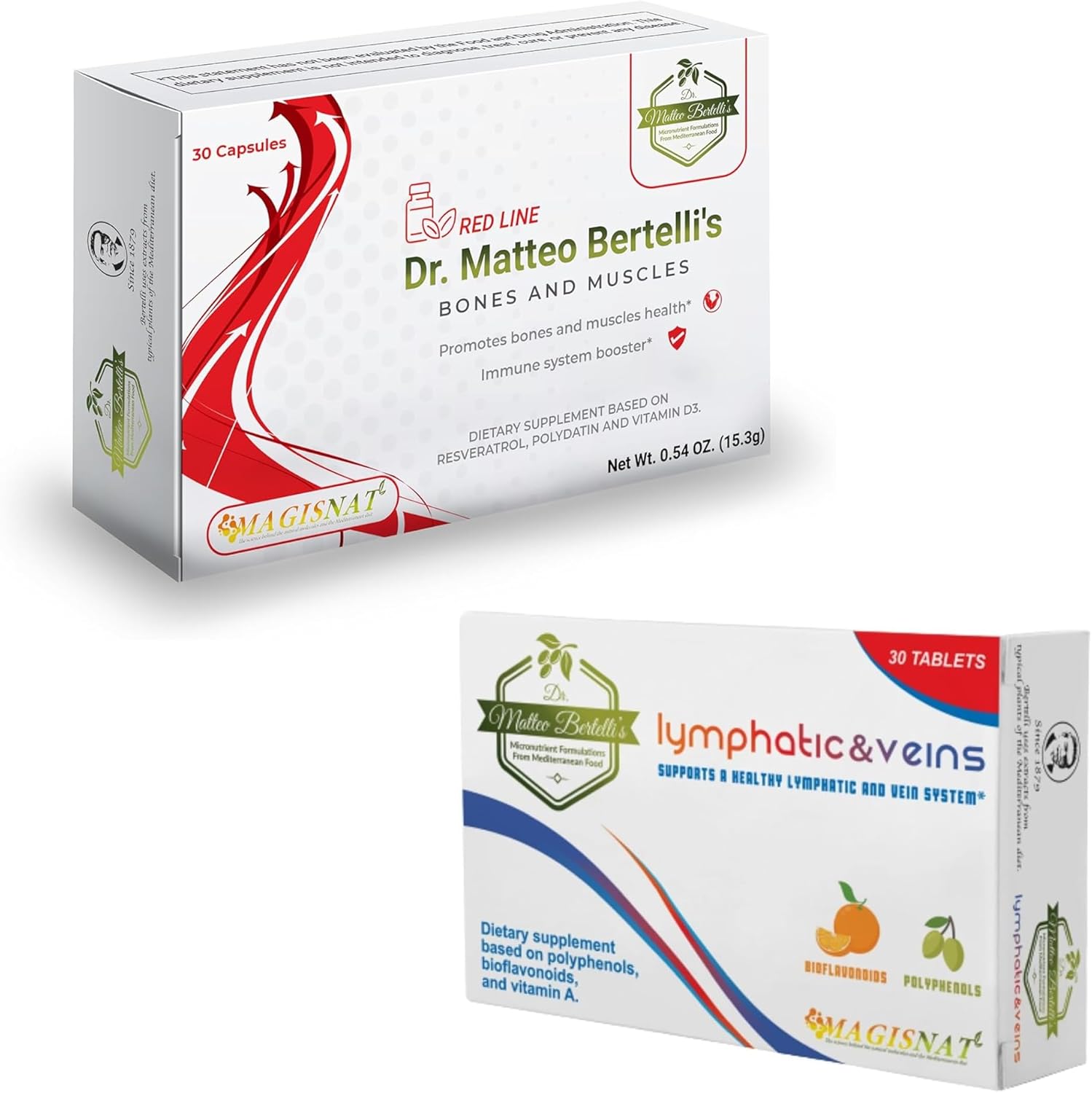 Bone, Muscle, Lymph & Vein Support Bundle by Dr. Matteo Bertelli - Resveratrol, Polydatin, Vitamin D3, A, Hydroxytyrosol, Hesperidin (30 Capsules)