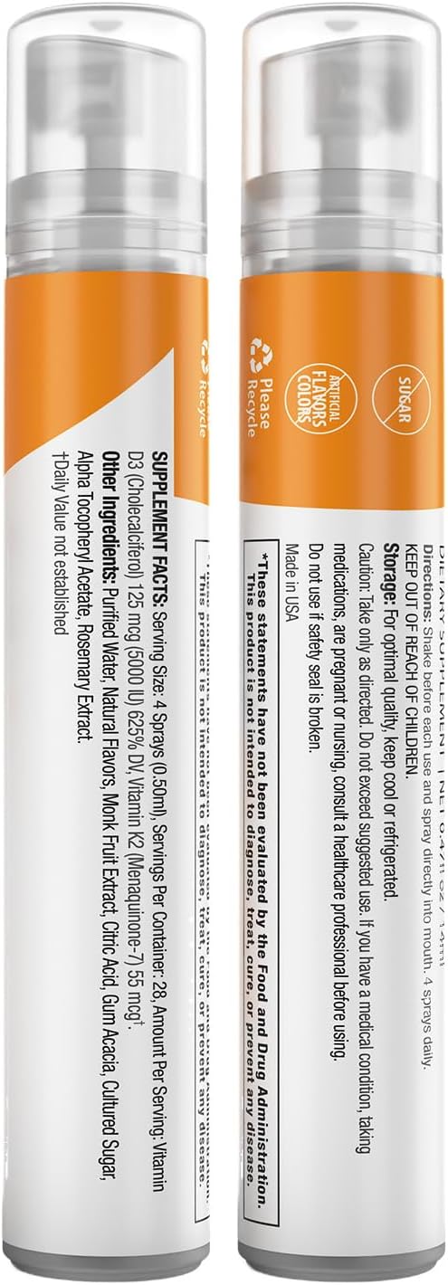 Bone Strength Supplement - Vitamin D3 + K2 Oral Spray for Fast Absorption, 1-Month Supply, Mint Flavor