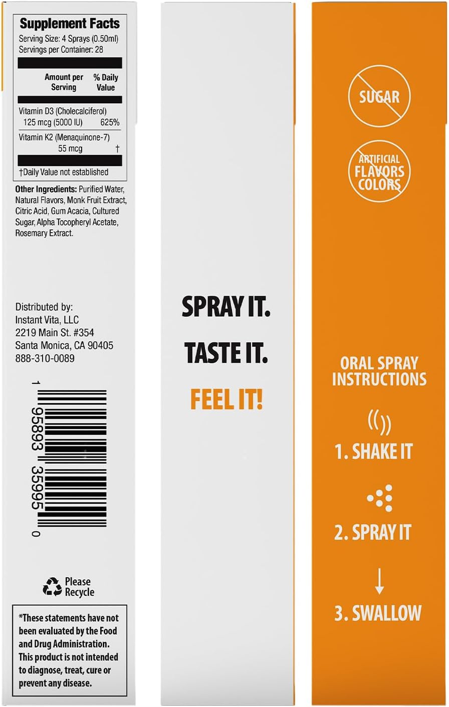 Bone Strength Supplement - Vitamin D3 + K2 Oral Spray for Fast Absorption, 1-Month Supply, Mint Flavor