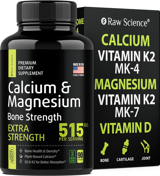Bone Strength Supplement with Plant Based Calcium, Magnesium, Vitamin D3, and K2 - 90 Capsules for Men and Women