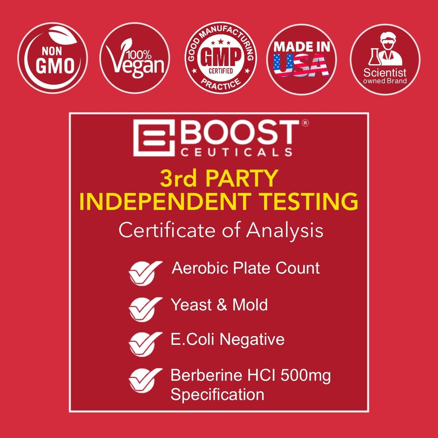 BoostCeuticals Berberine 500mg Capsules - Vegan Non GMO Gluten Free Supplement with No Stearates, 60 Count