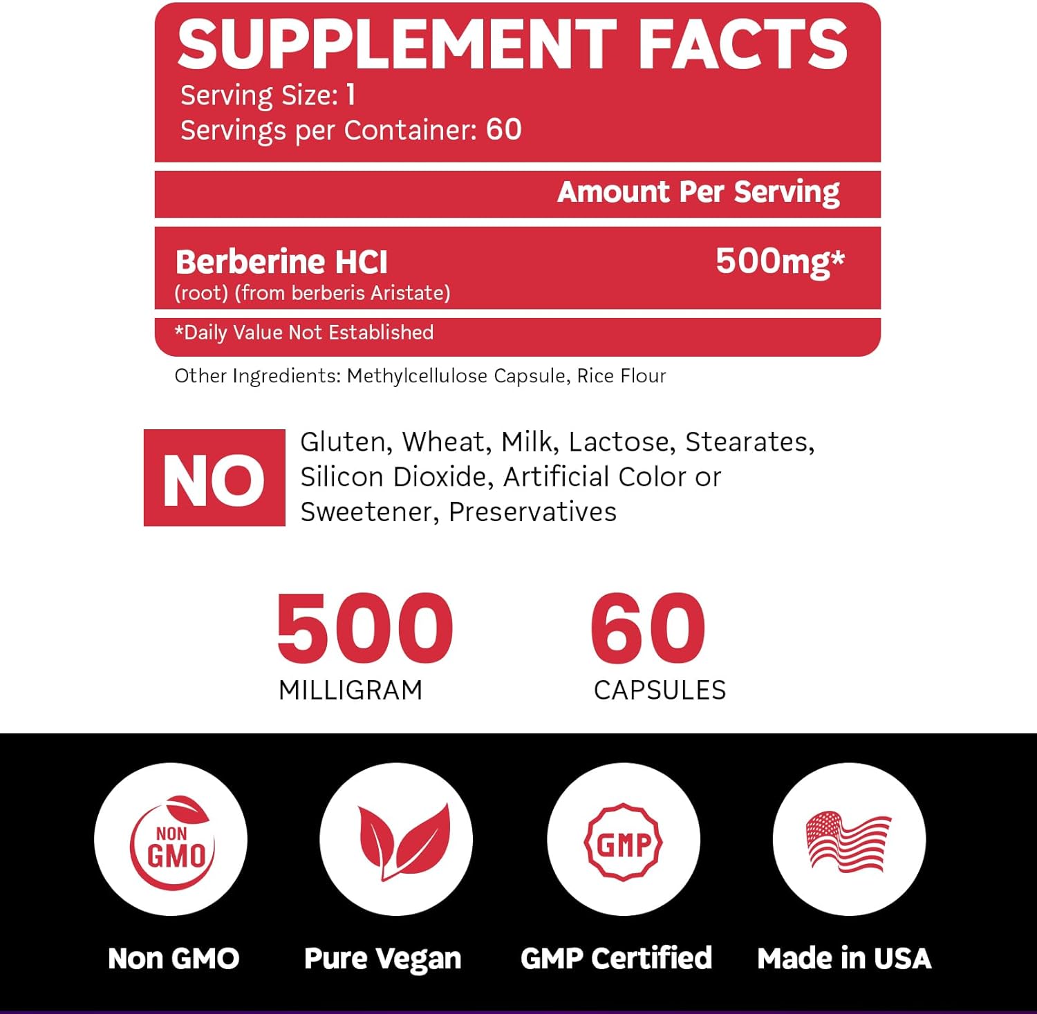 BoostCeuticals Berberine 500mg Capsules - Vegan Non GMO Gluten Free Supplement with No Stearates, 60 Count