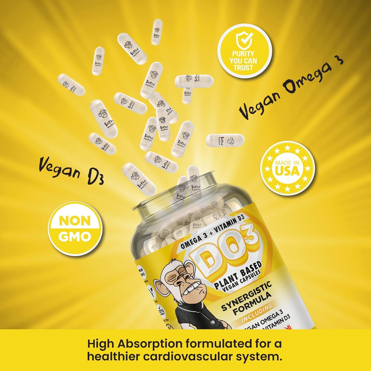 Bored Nutrition Vegan Omega 3 and Vitamin D3 Supplement - 90 Capsules by GINSPIRE NUTRITION