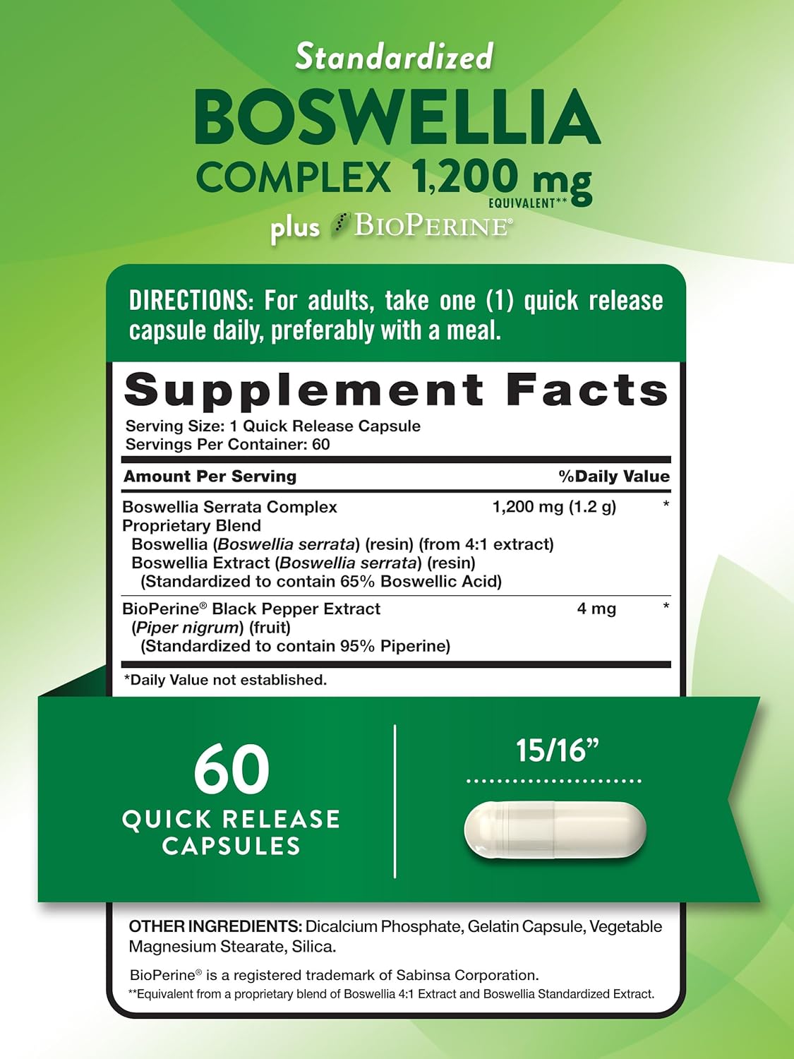 Boswellia Complex 1200mg with BioPerine 60 Capsules - Non-GMO & Gluten Free