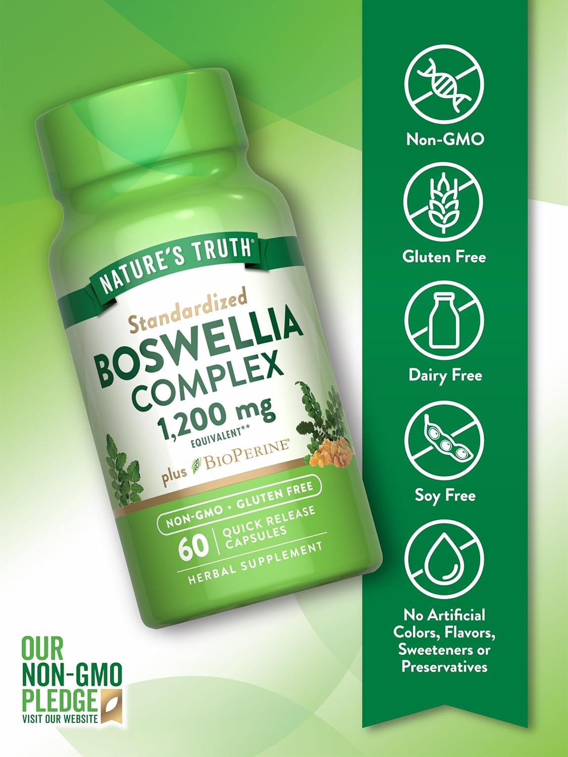 Boswellia Complex 1200mg with BioPerine 60 Capsules - Non-GMO & Gluten Free