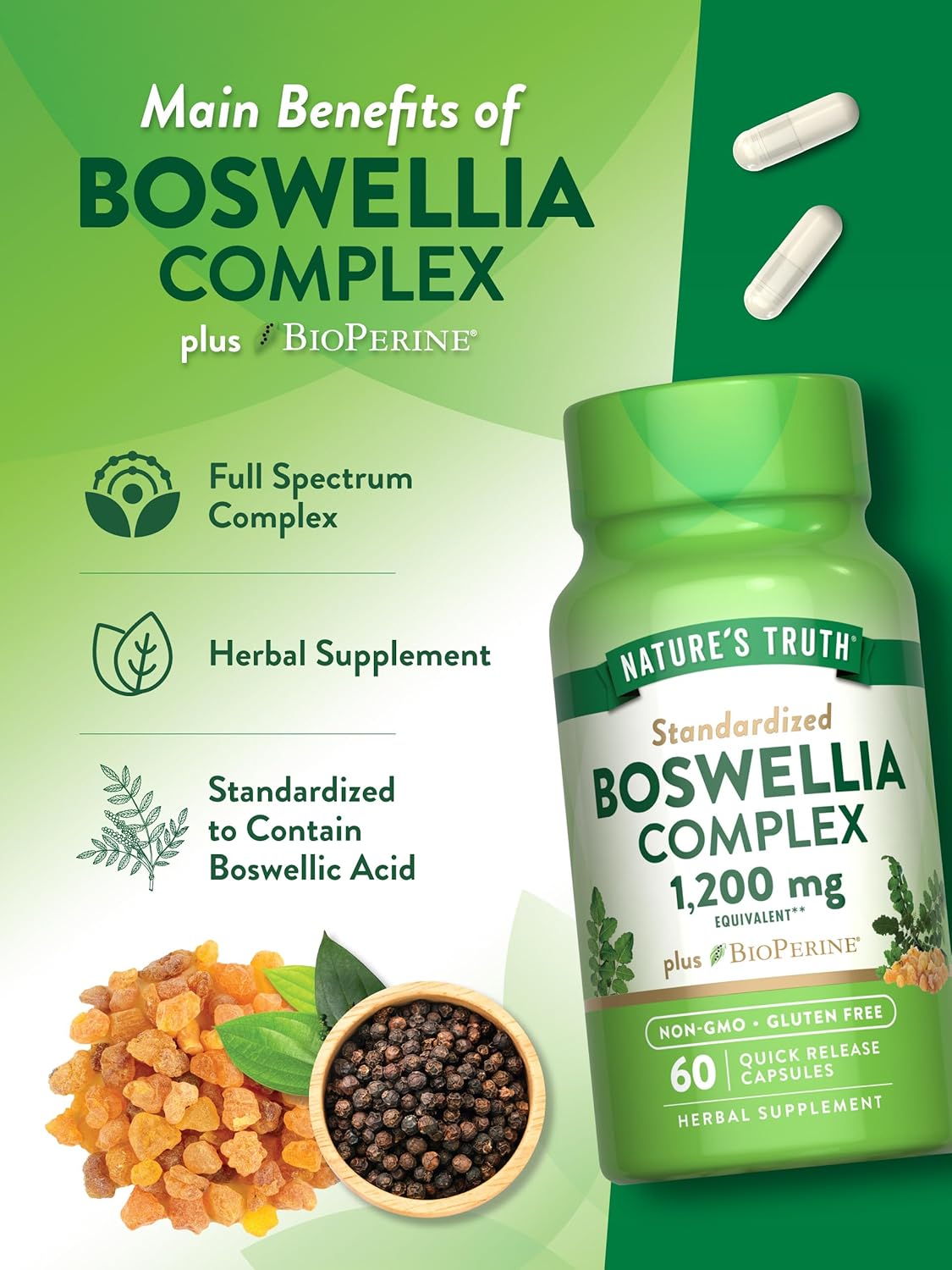 Boswellia Complex 1200mg with BioPerine 60 Capsules - Non-GMO & Gluten Free