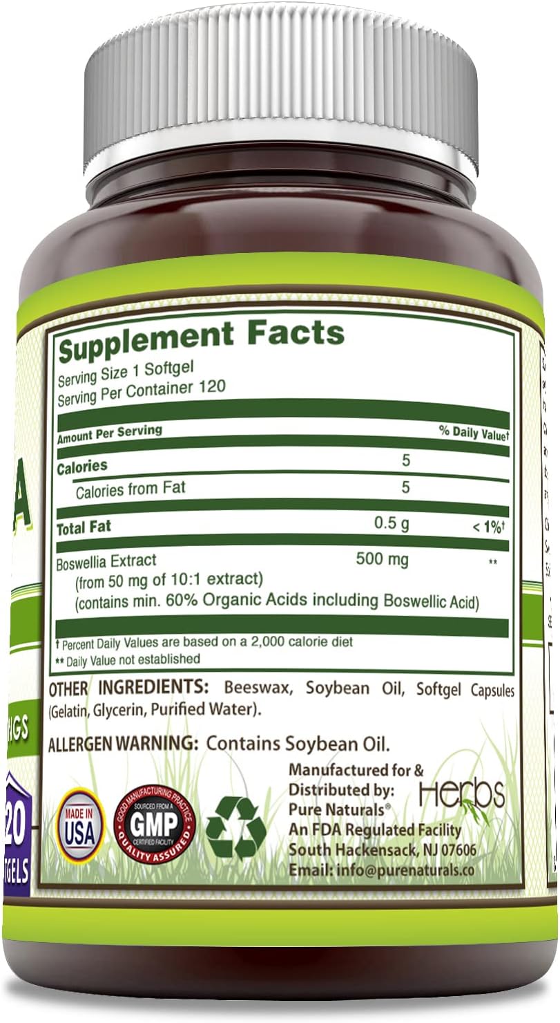 Boswellia Extract Softgels - 500 Mg, 120 Count - Pure Naturals Supplement, Non-GMO & Gluten Free