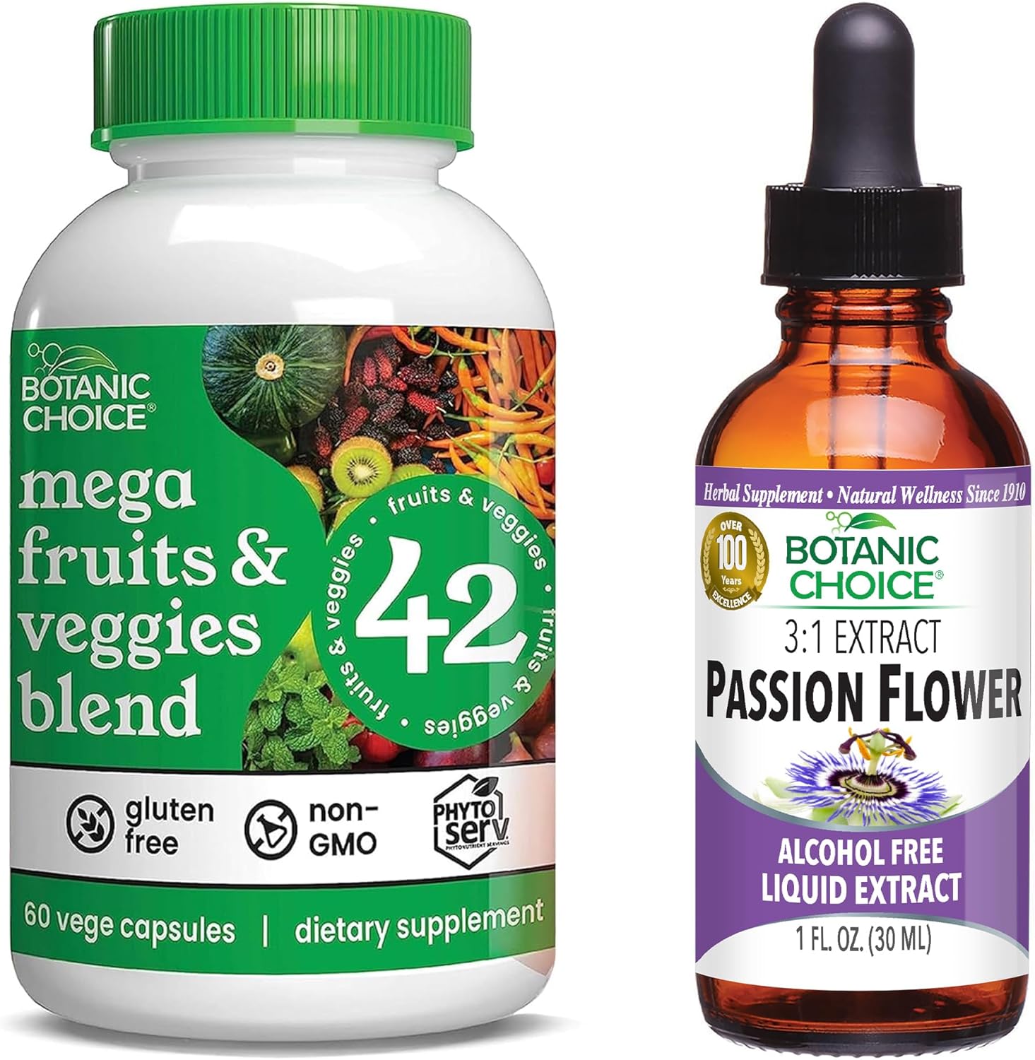 Botanic Choice Mega Fruits and Veggies Blend + Passion Flower Extract Bundle - Energy Balance & Relaxation Support
