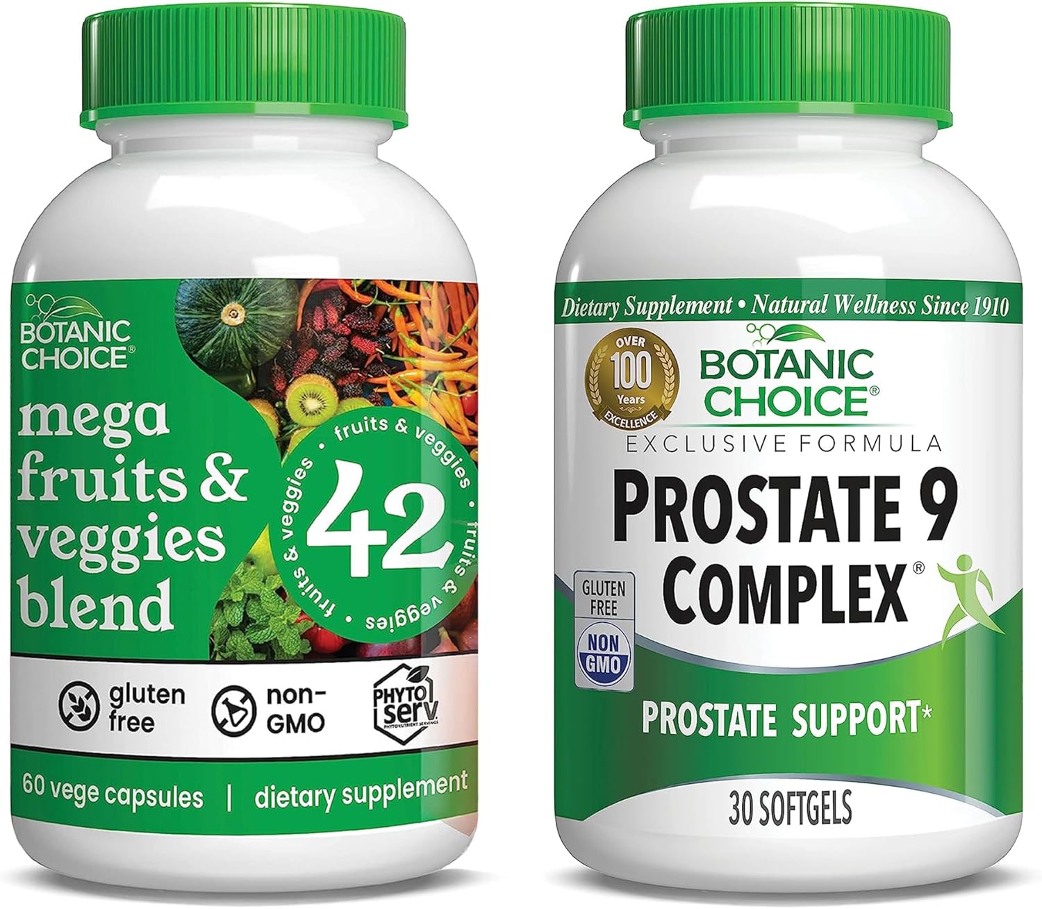 Botanic Choice Mega Fruits and Veggies Blend + Prostate 9 Complex Bundle - Energy Balance & Superfood + Urinary Flow & Cellular Health Support