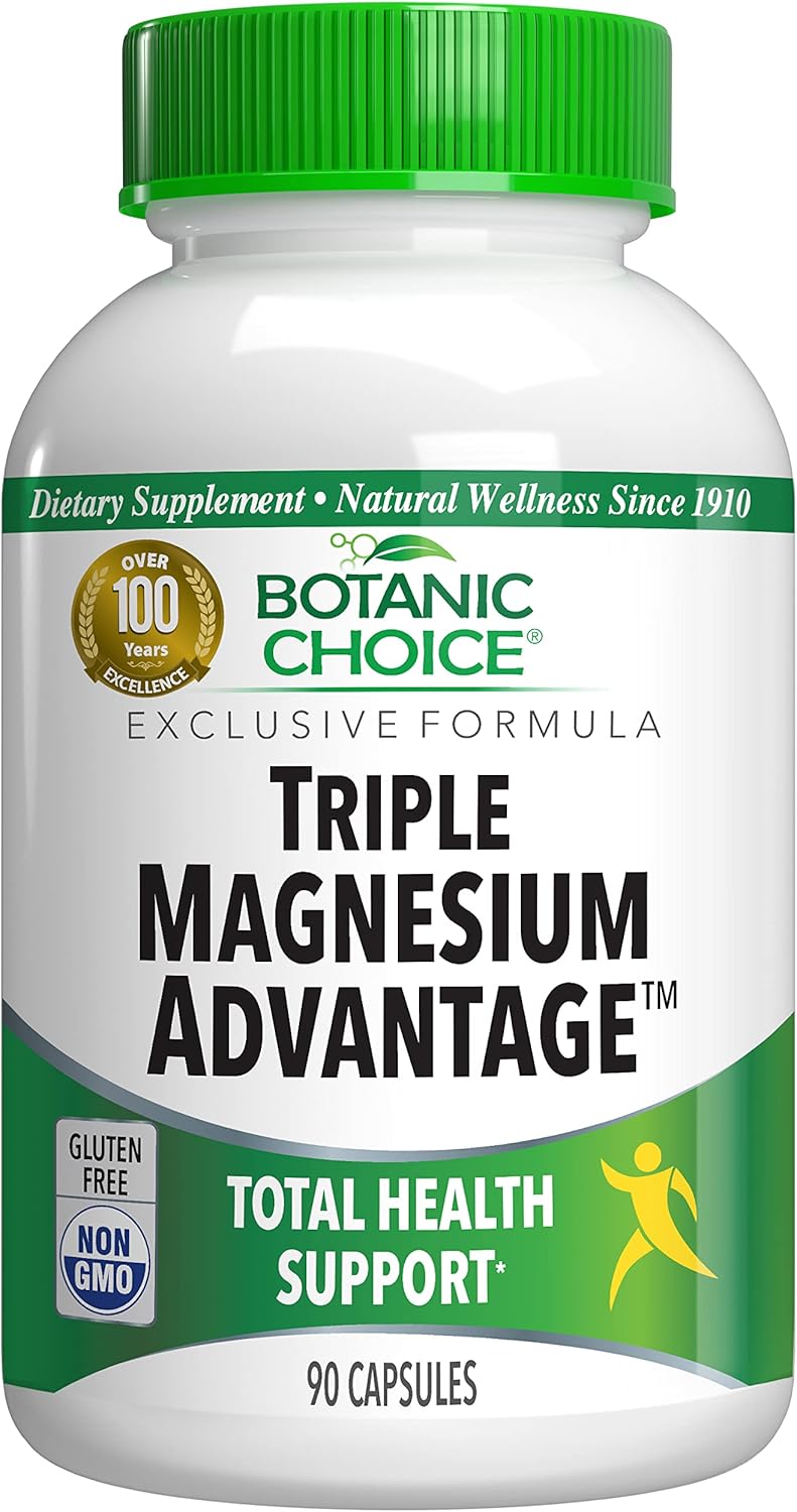 Botanic Choice Triple Magnesium Complex Supplement for Nerve, Digestive, Muscular, and Heart Health - 90 Capsules for Men and Women
