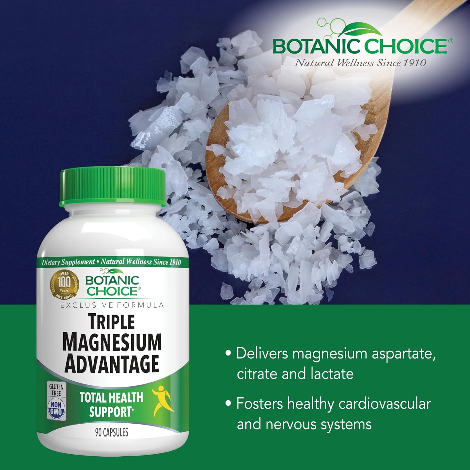 Botanic Choice Triple Magnesium Complex Supplement for Nerve, Digestive, Muscular, and Heart Health - 90 Capsules for Men and Women