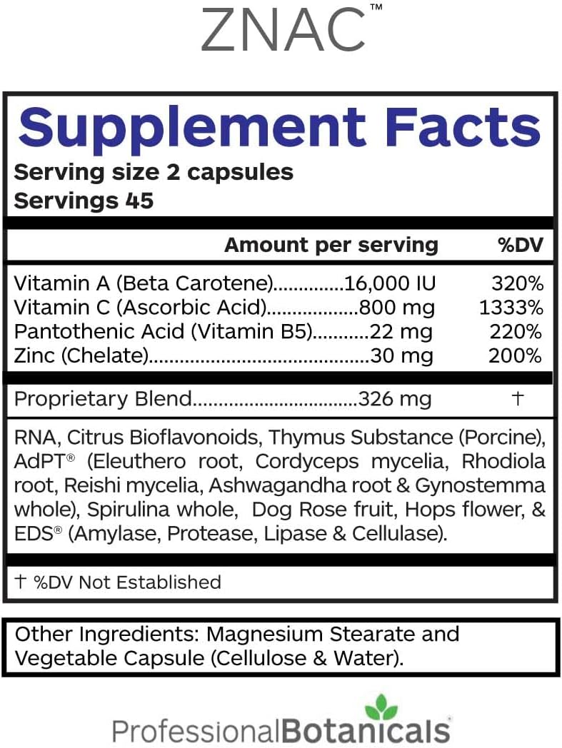 Botanicals Zinc Immune Support Supplement with Vitamin C, Beta Carotene, and Bioflavanoids - 90 Vegetarian Capsules for Antioxidant Immune Support