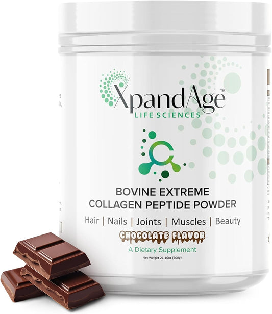 Bovine Extreme Collagen Peptide Powder with Biotin for Hair, Nails, Energy, and Joint Health - Bitter Chocolate Flavor