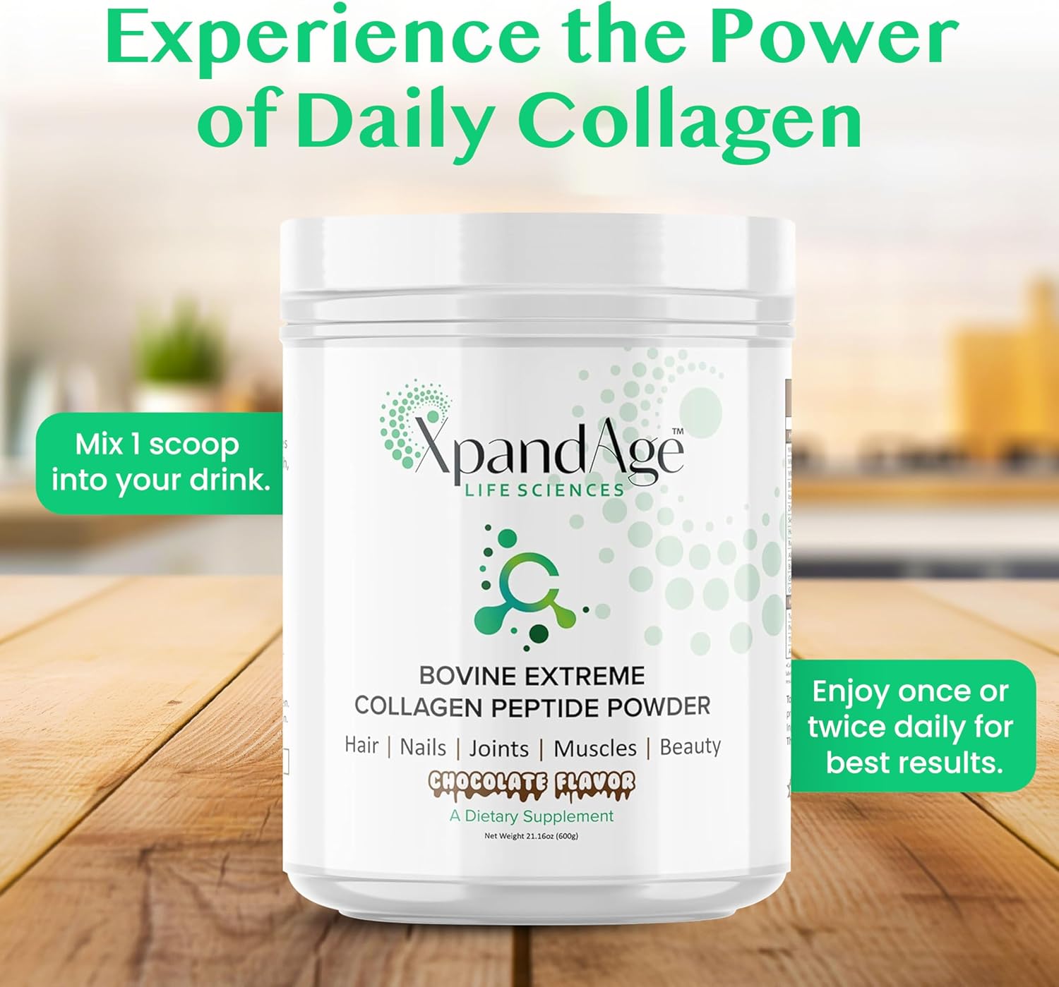 Bovine Extreme Collagen Peptide Powder with Biotin for Hair, Nails, Energy, and Joint Health - Bitter Chocolate Flavor