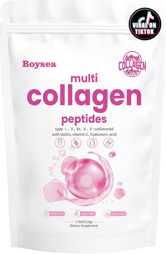 Boysea Multi-Collagen Peptides Powder with Biotin & Vitamin C - Supports Skin, Hair, Nails, Joints - Unflavored, Non-GMO, Gluten-Free - Easy Mix 1LB