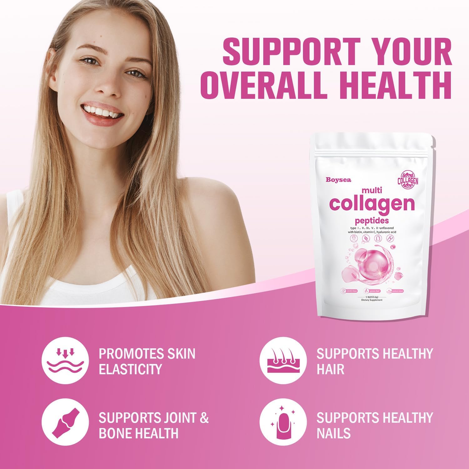 Boysea Multi-Collagen Peptides Powder with Biotin & Vitamin C - Supports Skin, Hair, Nails, Joints - Unflavored, Non-GMO, Gluten-Free - Easy Mix 1LB