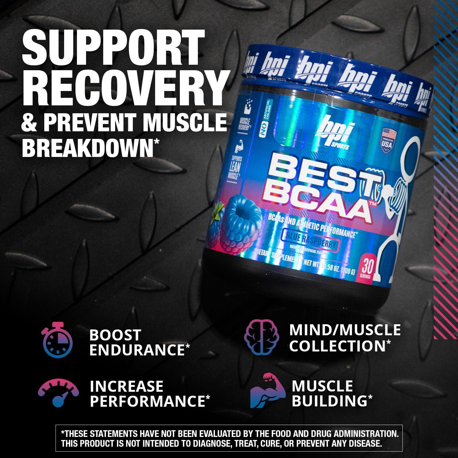 BPI Sports BEST BCAA Powder Post Workout Drink - Blue Raspberry Flavor, 30 Servings for Hydration & Recovery in Men & Women