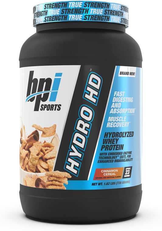 BPI Sports Hydro HD 100% Hydrolyzed Whey Protein Powder - 25g Protein, Muscle Growth & Recovery, Low Carb & Sugar - Cinnamon Cereal Flavor - 23 Servings