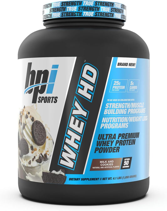 BPI Sports Whey HD Ultra Premium Protein Powder, Milk and Cookies Flavor, 4.1 lb Jar