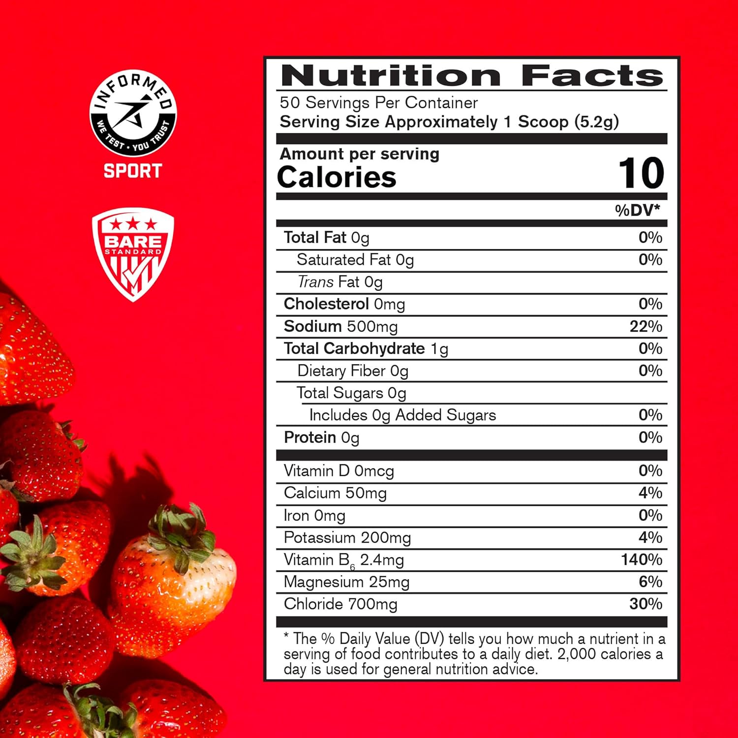 BPN Electrolytes Hydration Drink Mix - Sugar Free Powder with 500mg Sodium - Strawberry Flavor, 50 Servings