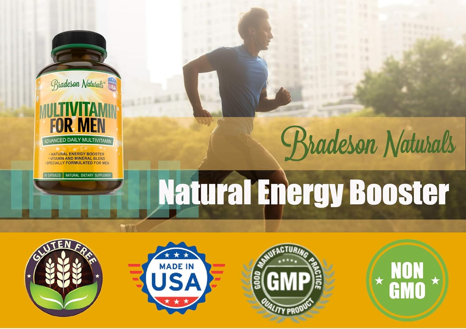 Bradeson Naturals Men's Multivitamin Supplement for Energy, Focus, and Performance - 60 Capsules, Made in the USA, with Vitamins A, C, D, E, B12, Zinc, Calcium, and Magnesium