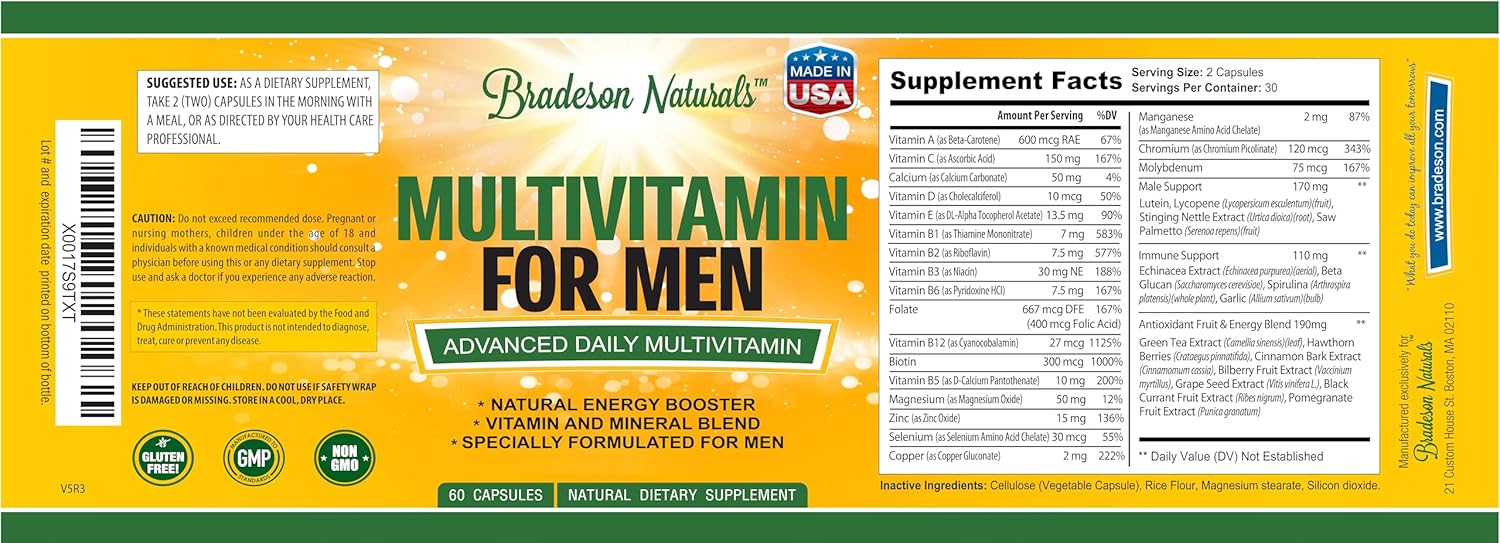 Bradeson Naturals Men's Multivitamin Supplement for Energy, Focus, and Performance - 60 Capsules, Made in the USA, with Vitamins A, C, D, E, B12, Zinc, Calcium, and Magnesium