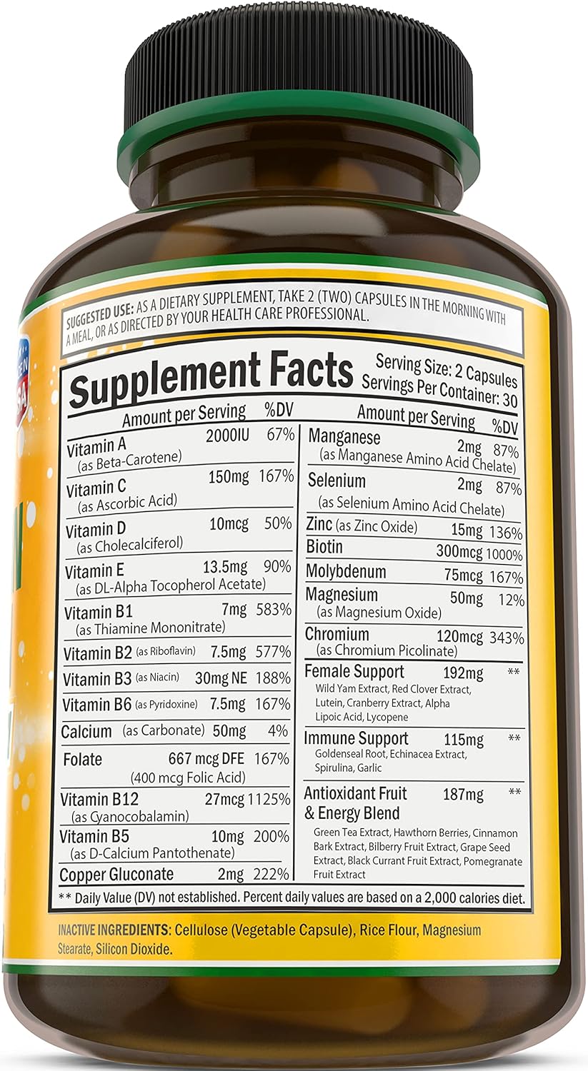 Bradeson Naturals Women's Multivitamin Supplement - Immune & Female Support, Antioxidants, Natural Energizers - Non-GMO, Gluten Free - 60 Capsules