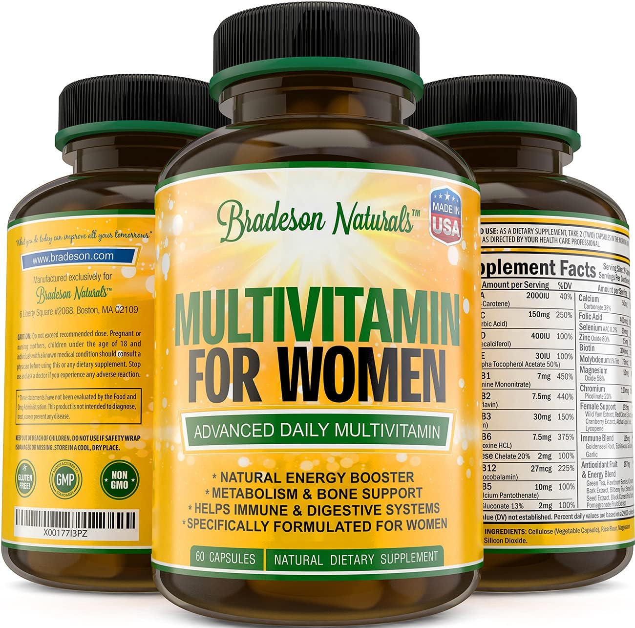 Bradeson Naturals Women's Multivitamin Supplement - Immune & Female Support, Antioxidants, Natural Energizers - Non-GMO, Gluten Free - 60 Capsules