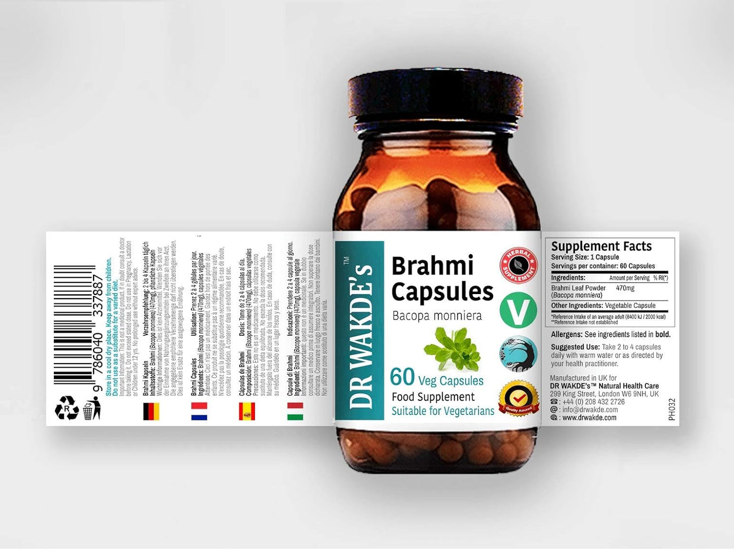 Brahmi Capsules (Bacopa monniera) - 60 Veg Caps - Ayurvedic Supplement - Vegan - 100% Herbal - Quantity Discounts - Fast Dispatch