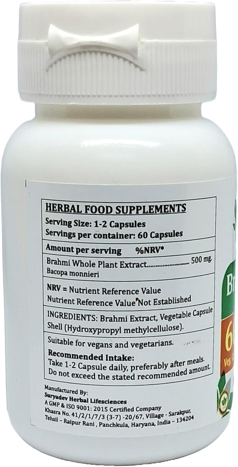 Brahmi Forte Capsules 500mg - 60 Veg Capsules | Ayurvedic Brahmi Extract for Men and Women | Herbal Supplement - 10:1 Forte (1 Bottle)