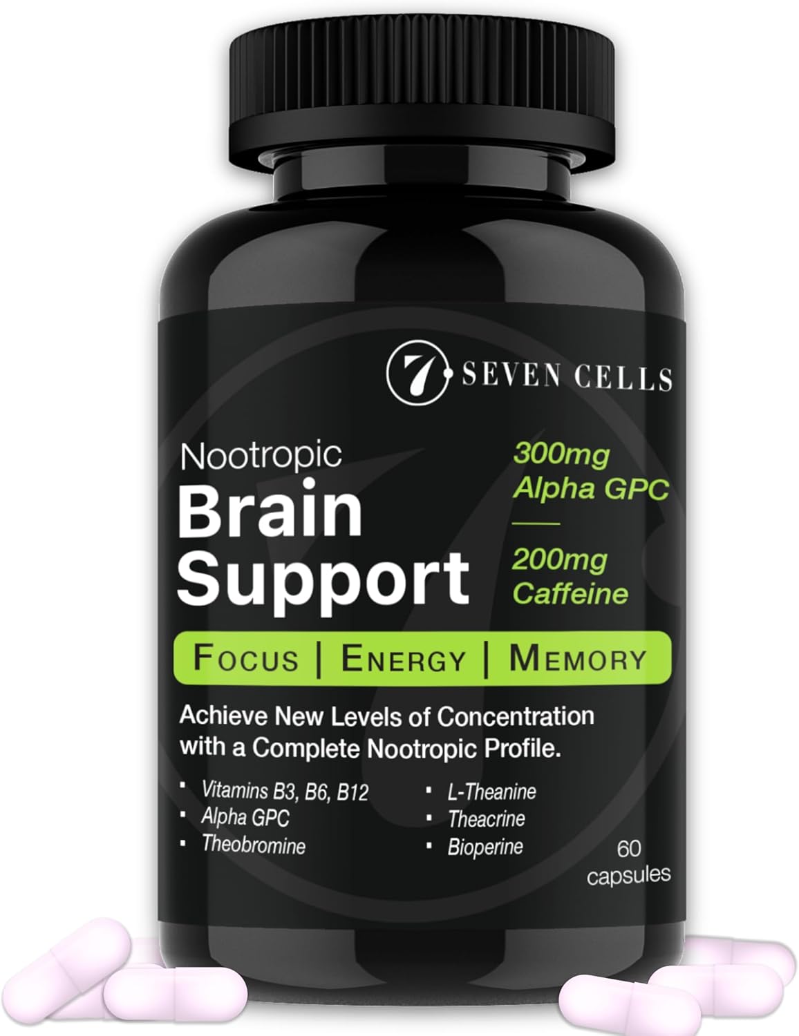Brain Booster Supplement with Alpha GPC, Natural Caffeine, Vitamins - Cognitive Health, Energy, Memory, Focus - 60 Capsules