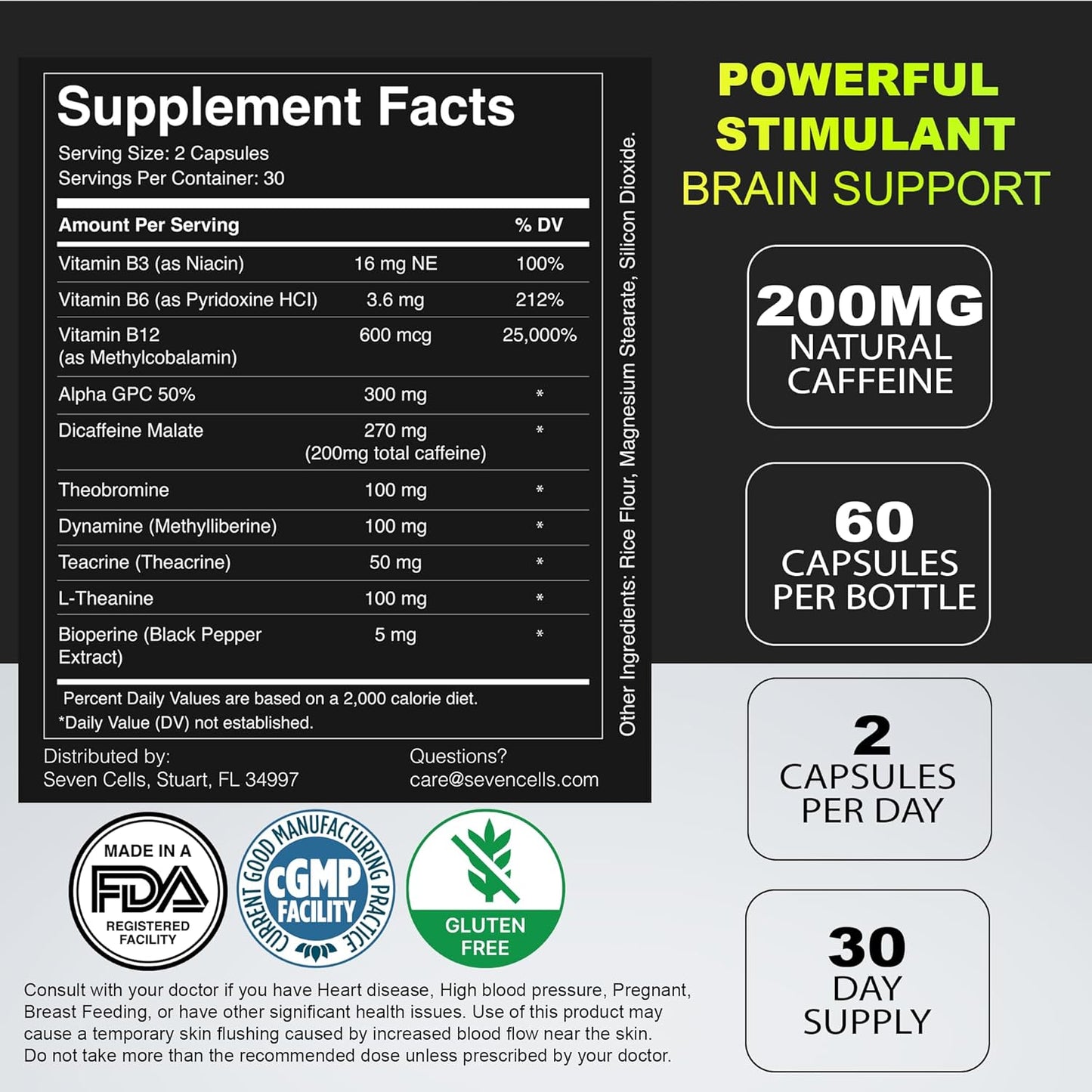Brain Booster Supplement with Alpha GPC, Natural Caffeine, Vitamins - Cognitive Health, Energy, Memory, Focus - 60 Capsules