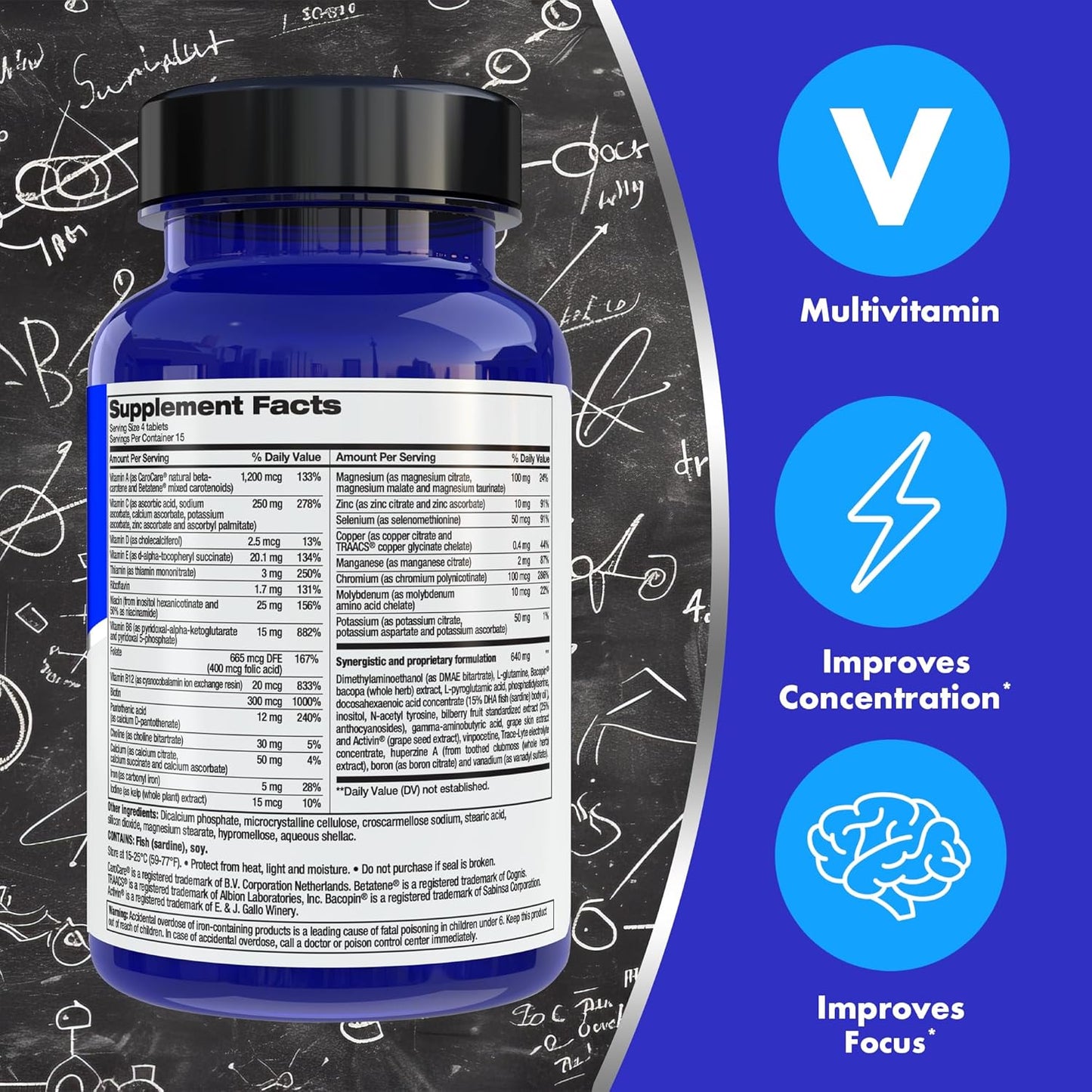 Brain Boosting Multivitamin with Bacopa Monnieri & Tyrosine, Enhanced Memory & Concentration Support, 60 Capsules x 2 Pack