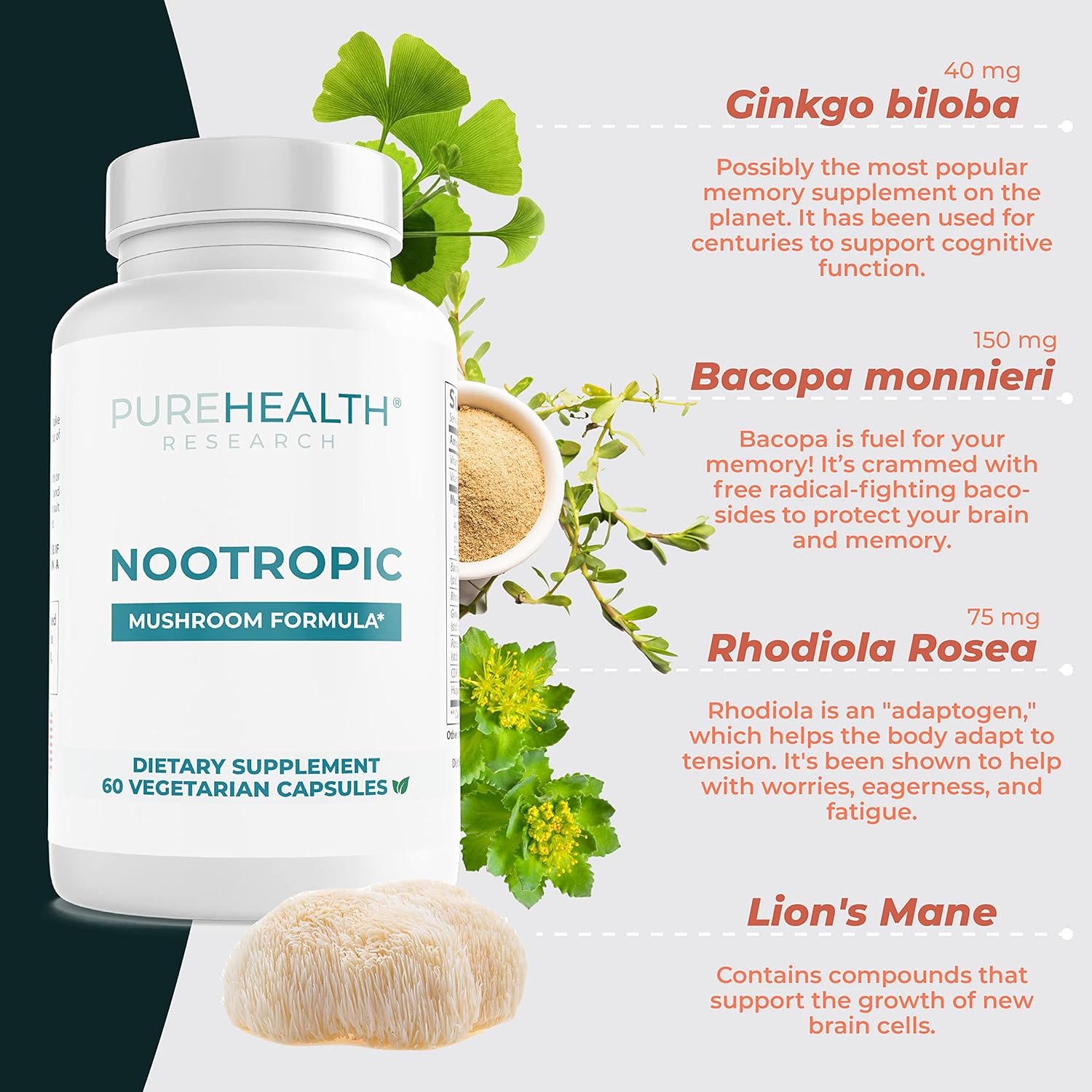 Brain Health Supplement with Lions Mane, Shiitake, Chaga, Reishi Mushrooms - Boost Memory and Focus with Bacopa Monnieri and Gingko Biloba - 60 Capsules